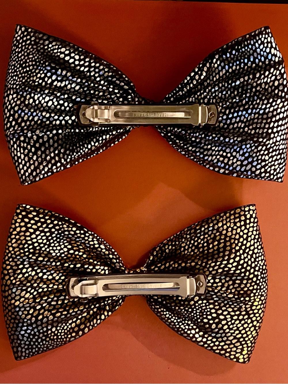 PAIR of VINTAGE Black/Metallic-Dotted Statement Bow Barrettes (Silver + Gold) - Picture 2 of 4
